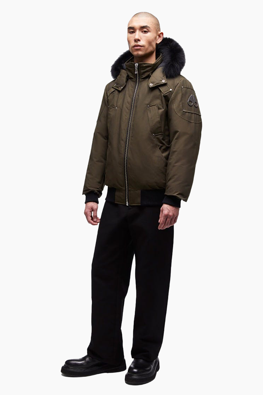 Moose Knuckles Men's Ballistic Bomber in Army with Black Fur