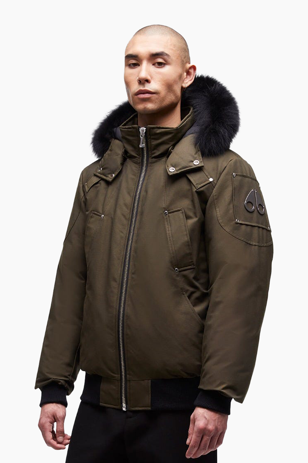 Moose Knuckles Men's Ballistic Bomber in Army with Black Fur