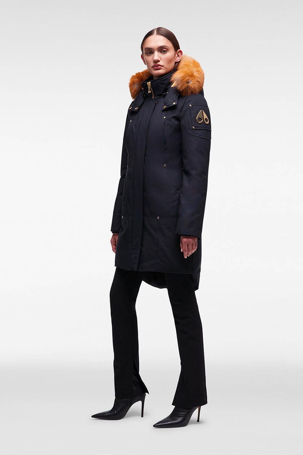 Moose Knuckles Gold Stirling Parka in Navy with Gold Fox Fur