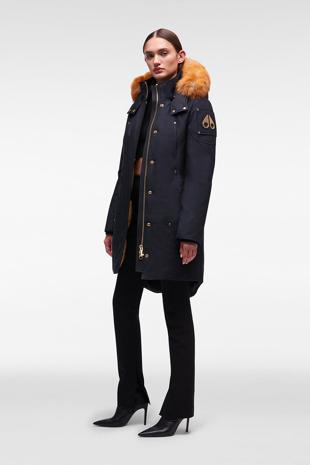 Moose Knuckles Gold Stirling Parka in Navy with Gold Fox Fur